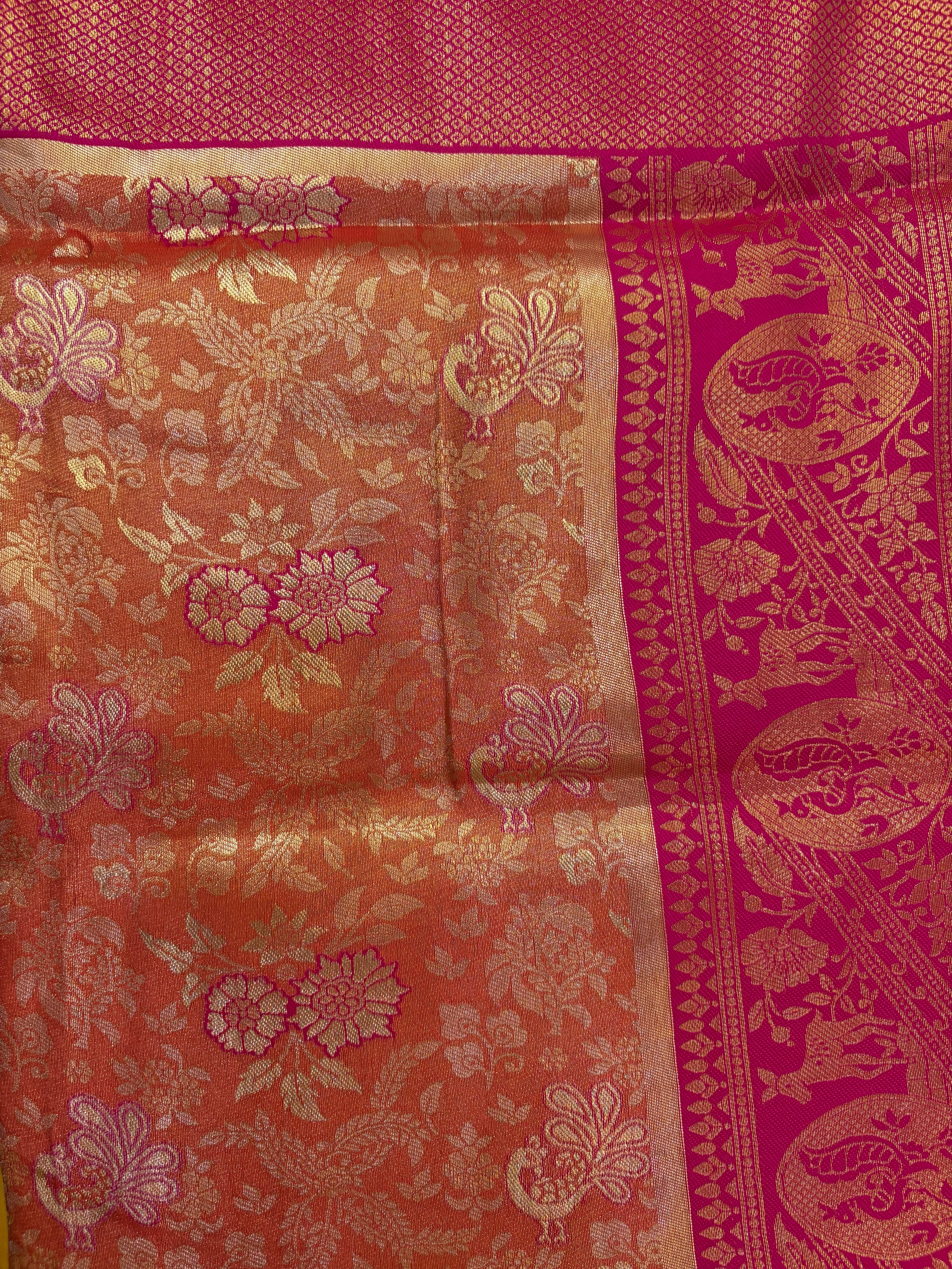 Crimson Red Banarasi-Style Art Silk Saree with Antique Gold Floral Jaal & Zari Border