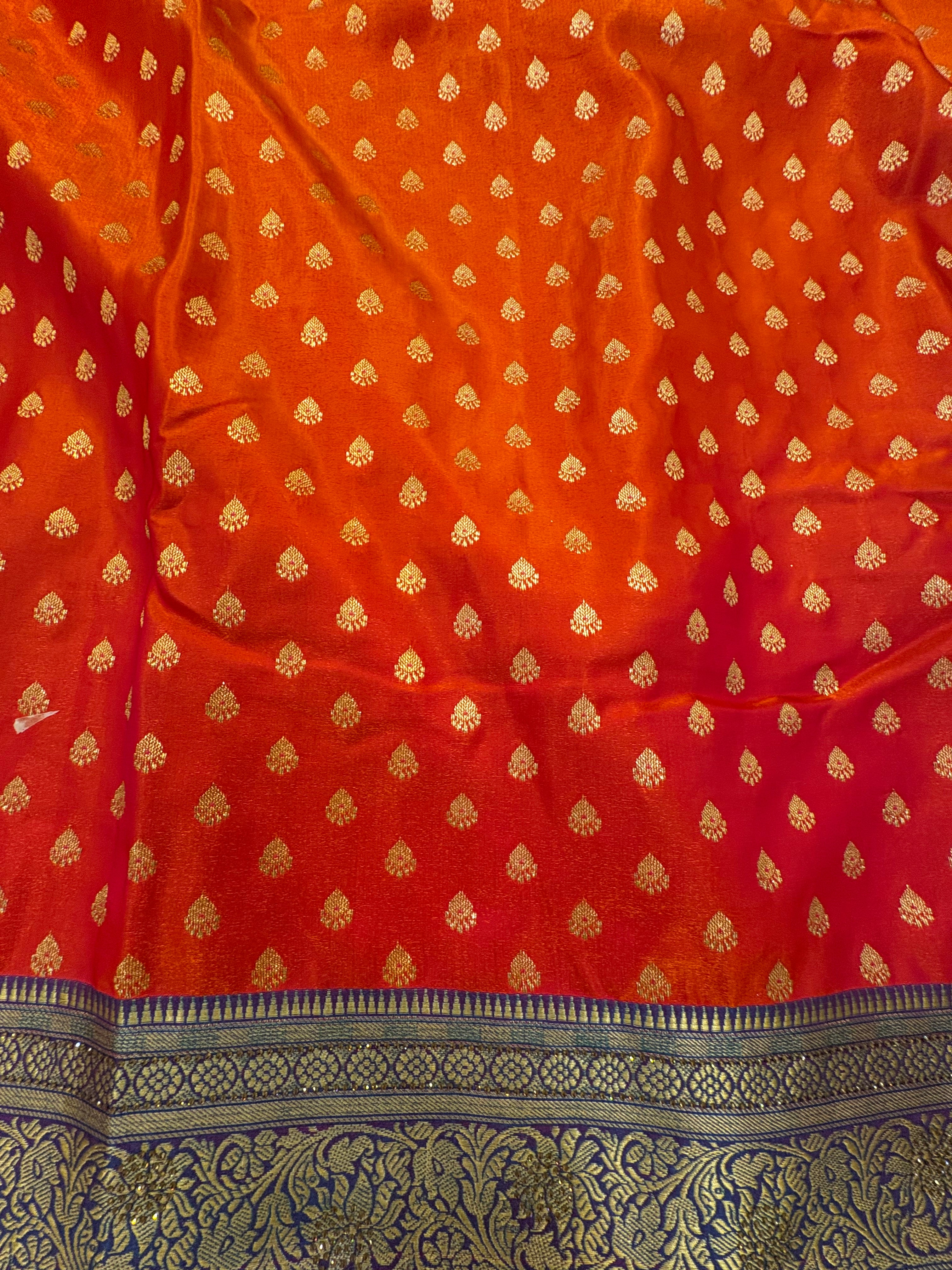 Burnt Orange Banarasi Soft Silk Saree with Allover Gold Zari Jaal & Floral Pallu