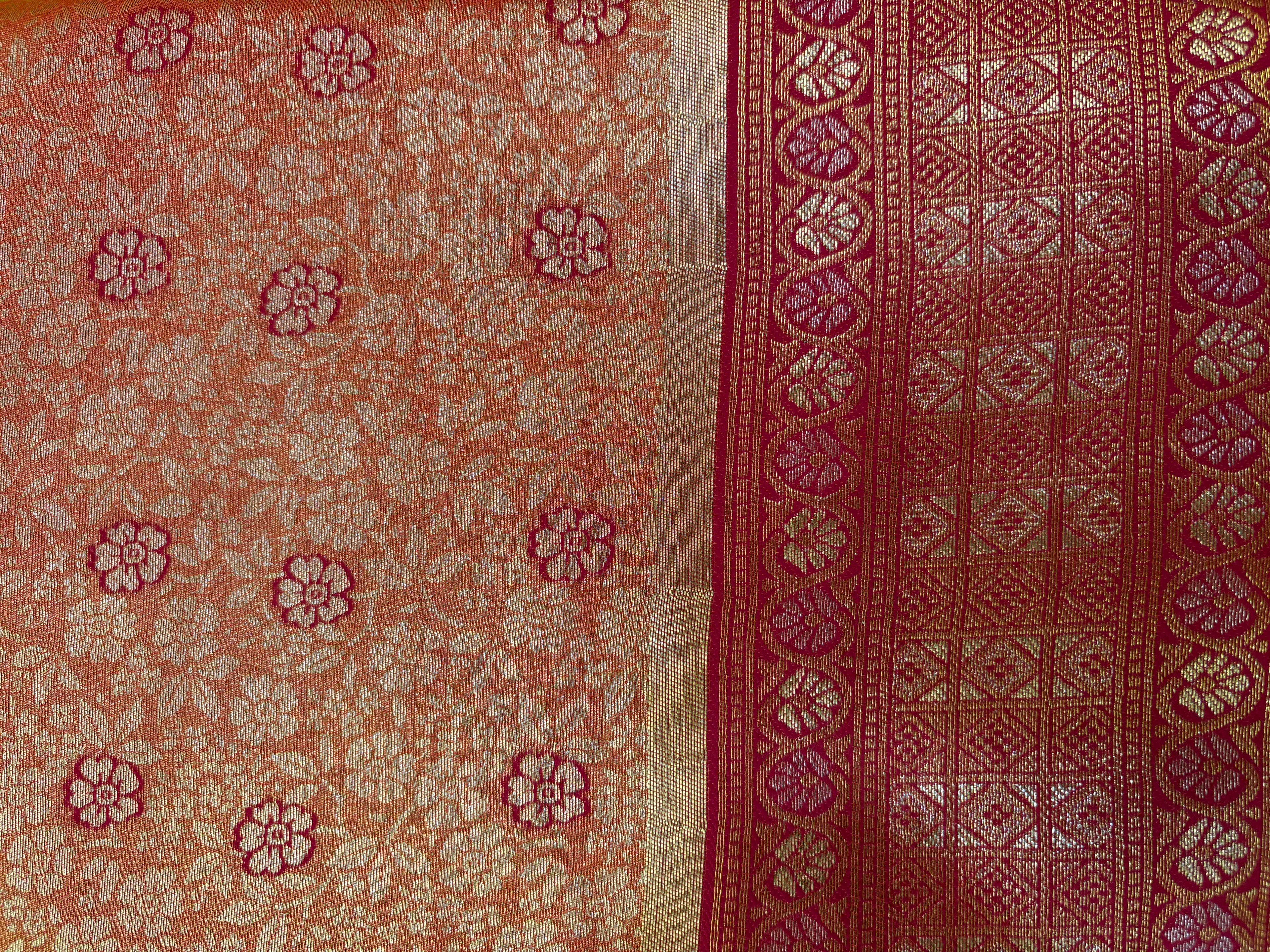 Crimson Red Banarasi-Style Art Silk Saree with Antique Gold Floral Jaal & Zari Border