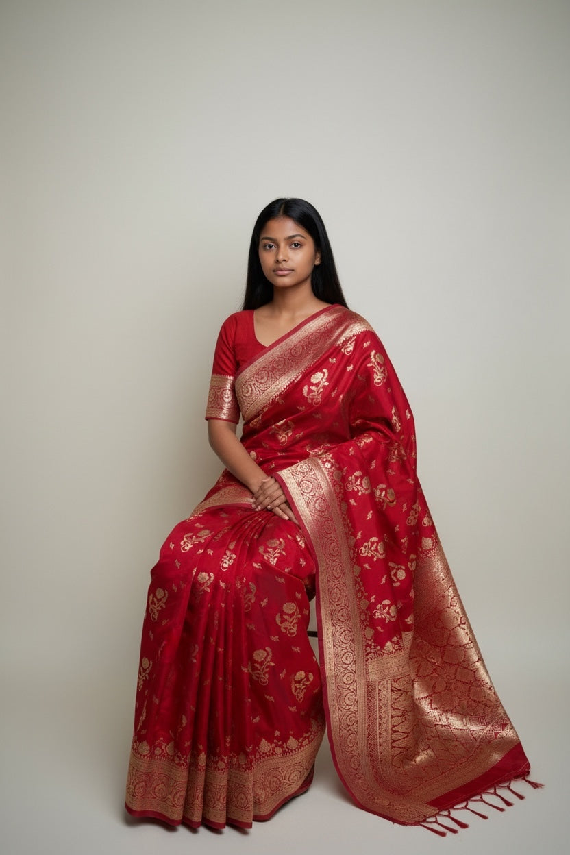 Crimson Red Banarasi Soft Silk Saree with Traditional Gold Zari Floral Motifs
