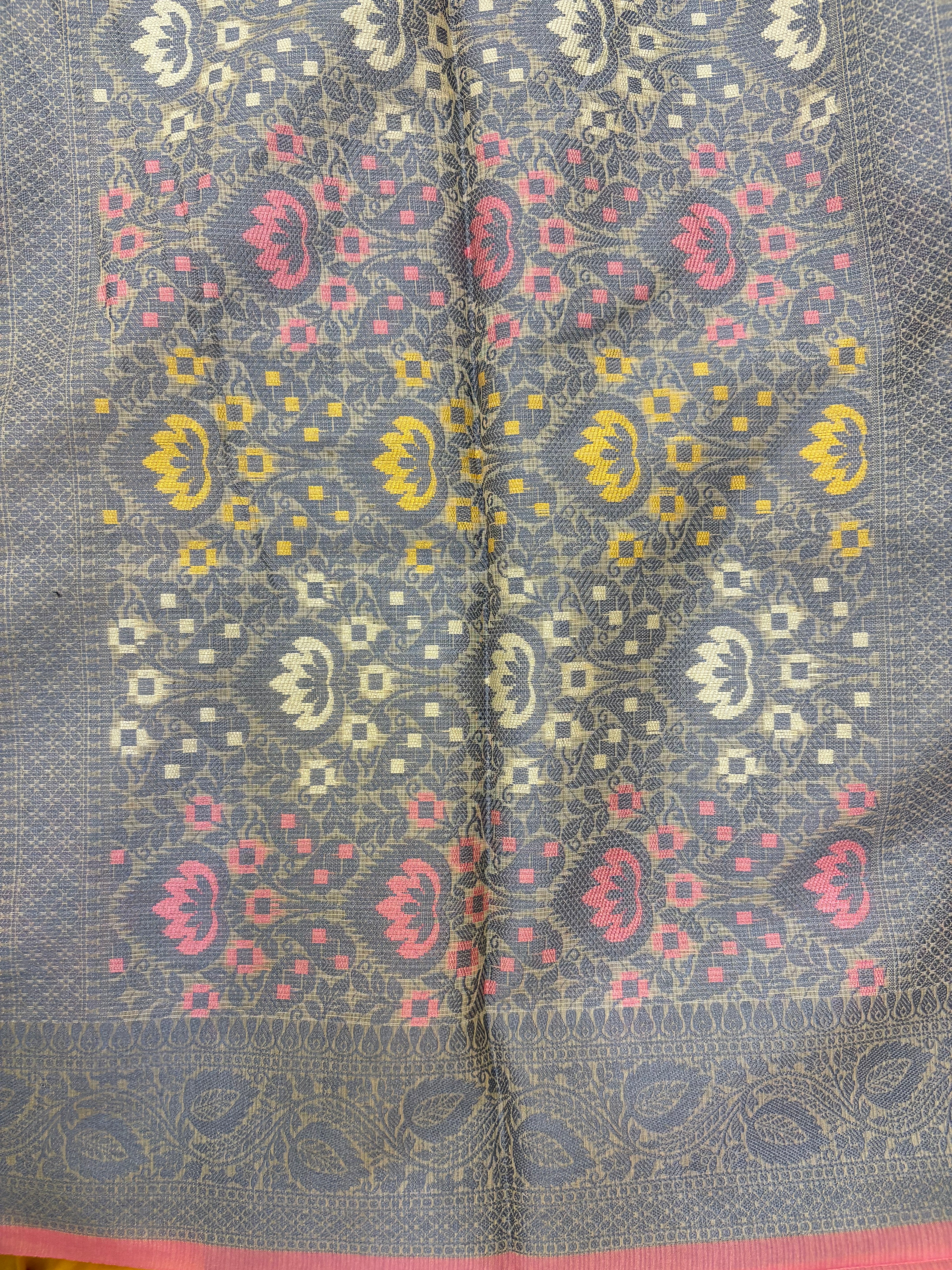 Beige & Grey Chanderi Silk Saree with Geometric Ikat Print and Floral Jacquard Border