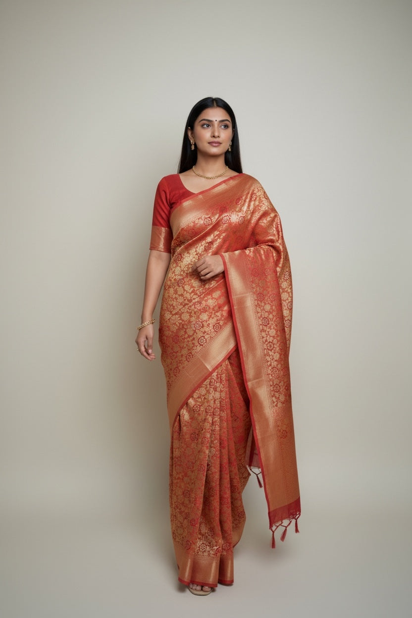 Crimson Red Banarasi-Style Art Silk Saree with Antique Gold Floral Jaal & Zari Border