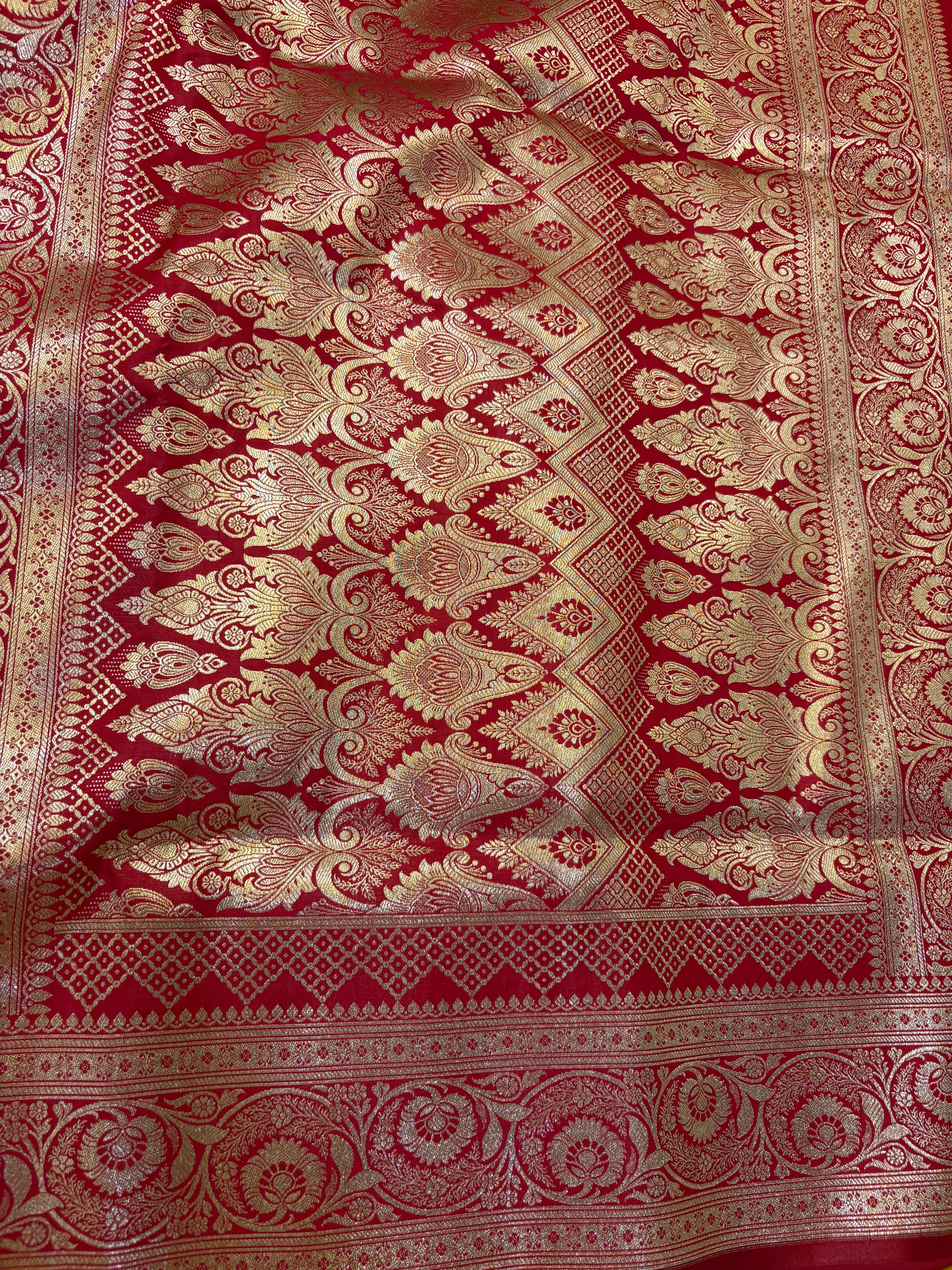 Crimson Red Banarasi Soft Silk Saree with Traditional Gold Zari Floral Motifs