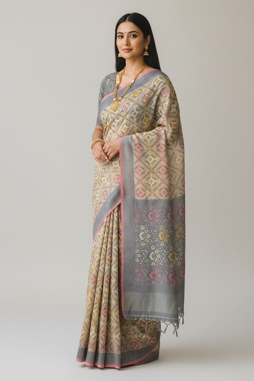 Beige & Grey Chanderi Silk Saree with Geometric Ikat Print and Floral Jacquard Border