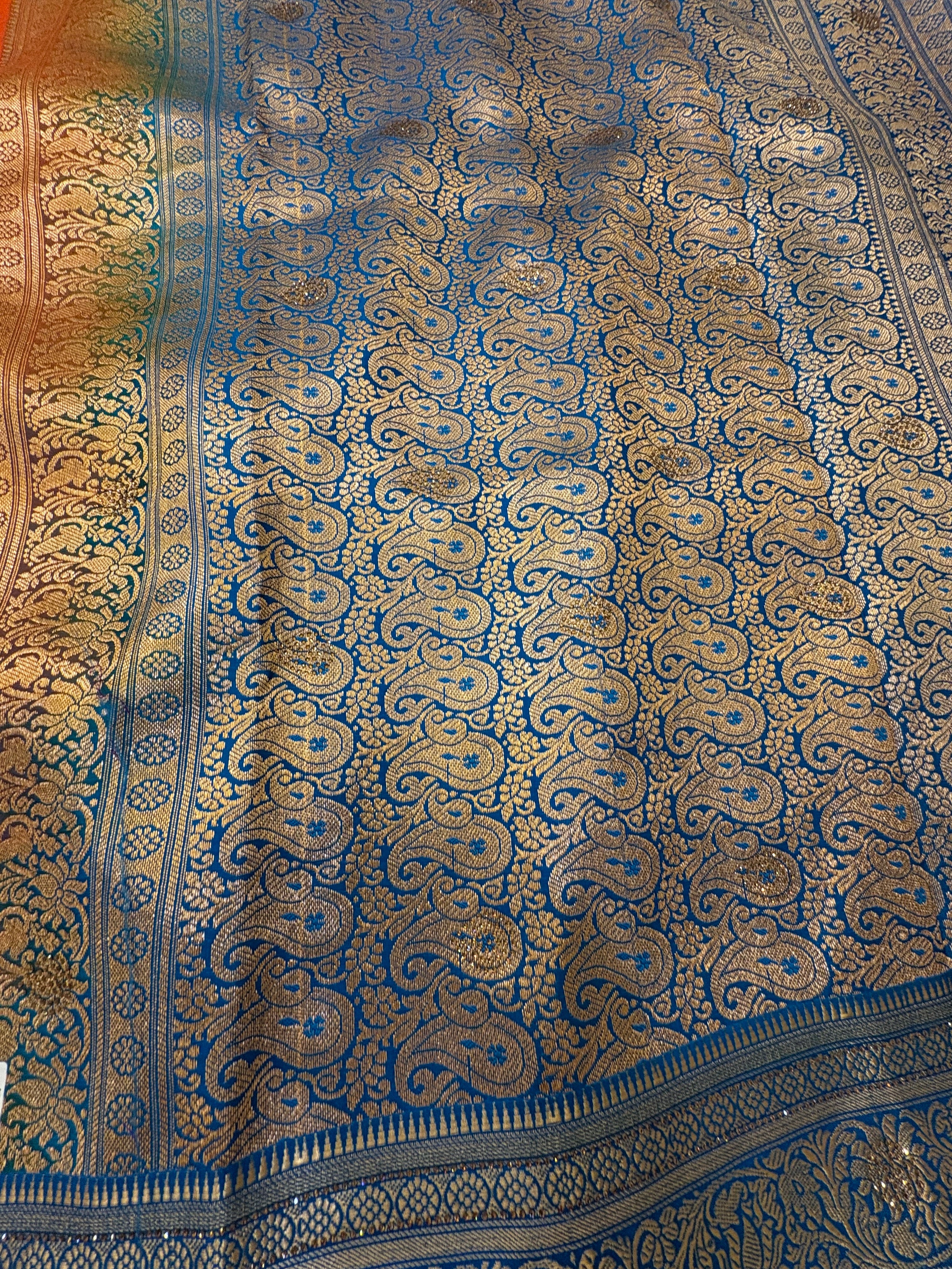 Burnt Orange Banarasi Soft Silk Saree with Allover Gold Zari Jaal & Floral Pallu