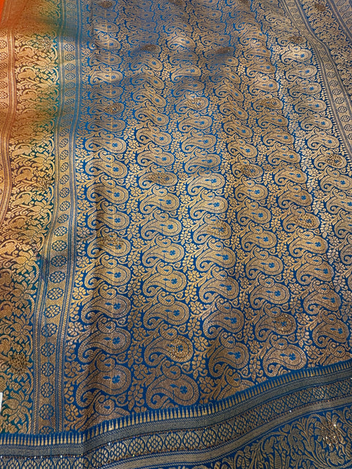 Burnt Orange Banarasi Soft Silk Saree with Allover Gold Zari Jaal & Floral Pallu