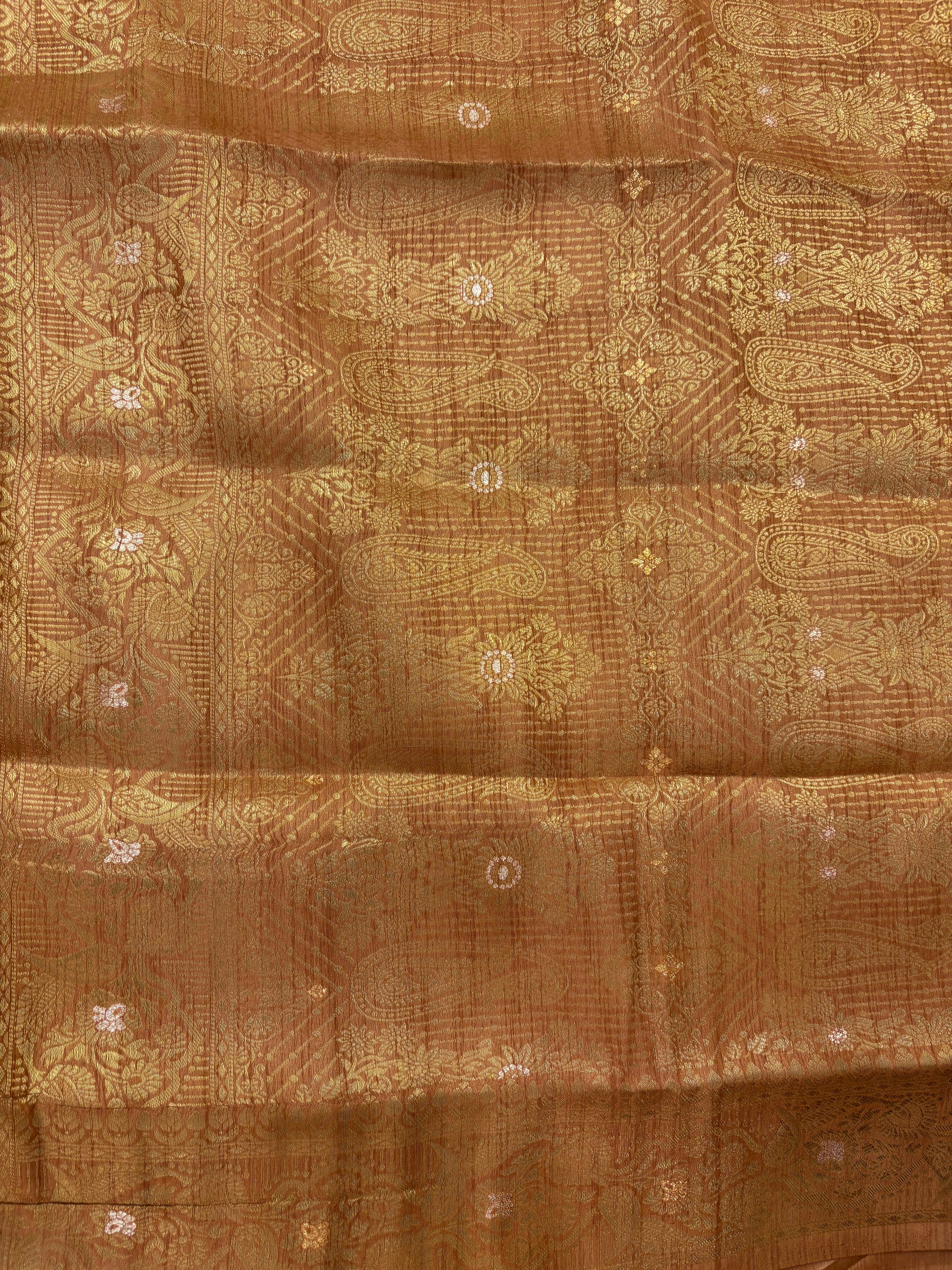 Champagne Gold Tussar Silk Saree with Antique Zari Weaving & Intricate Paisley Pallu