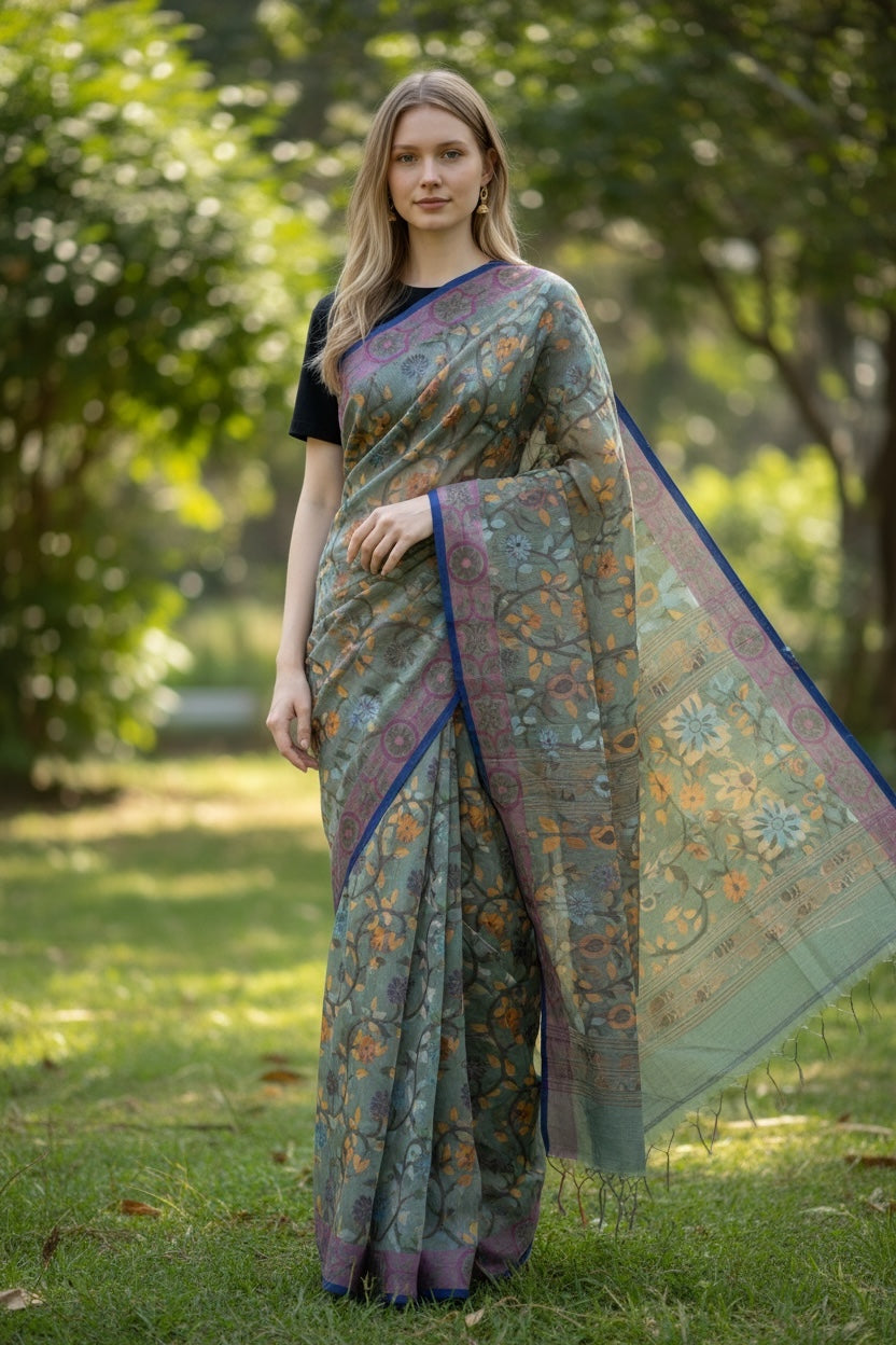 Contemporary Bengal Tant: Hand-Woven Floral Vine Saree