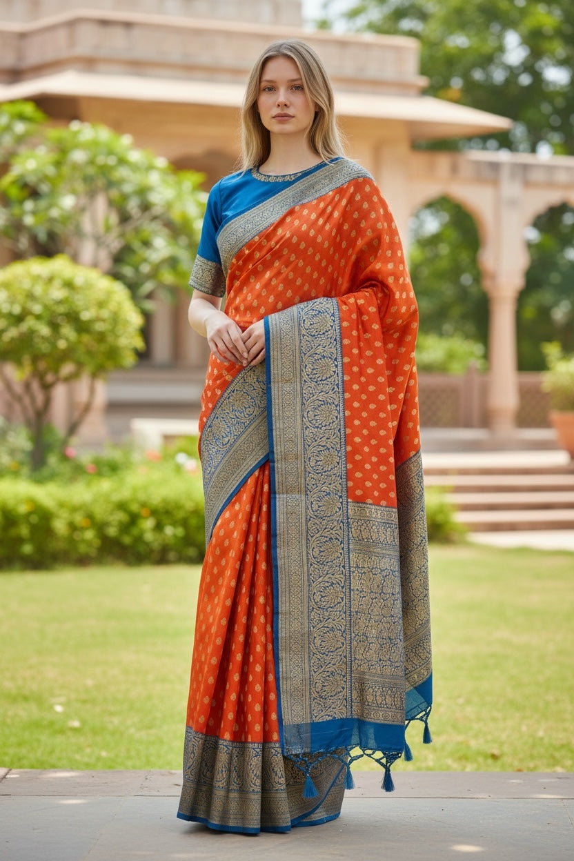 Burnt Orange Banarasi Soft Silk Saree with Allover Gold Zari Jaal & Floral Pallu