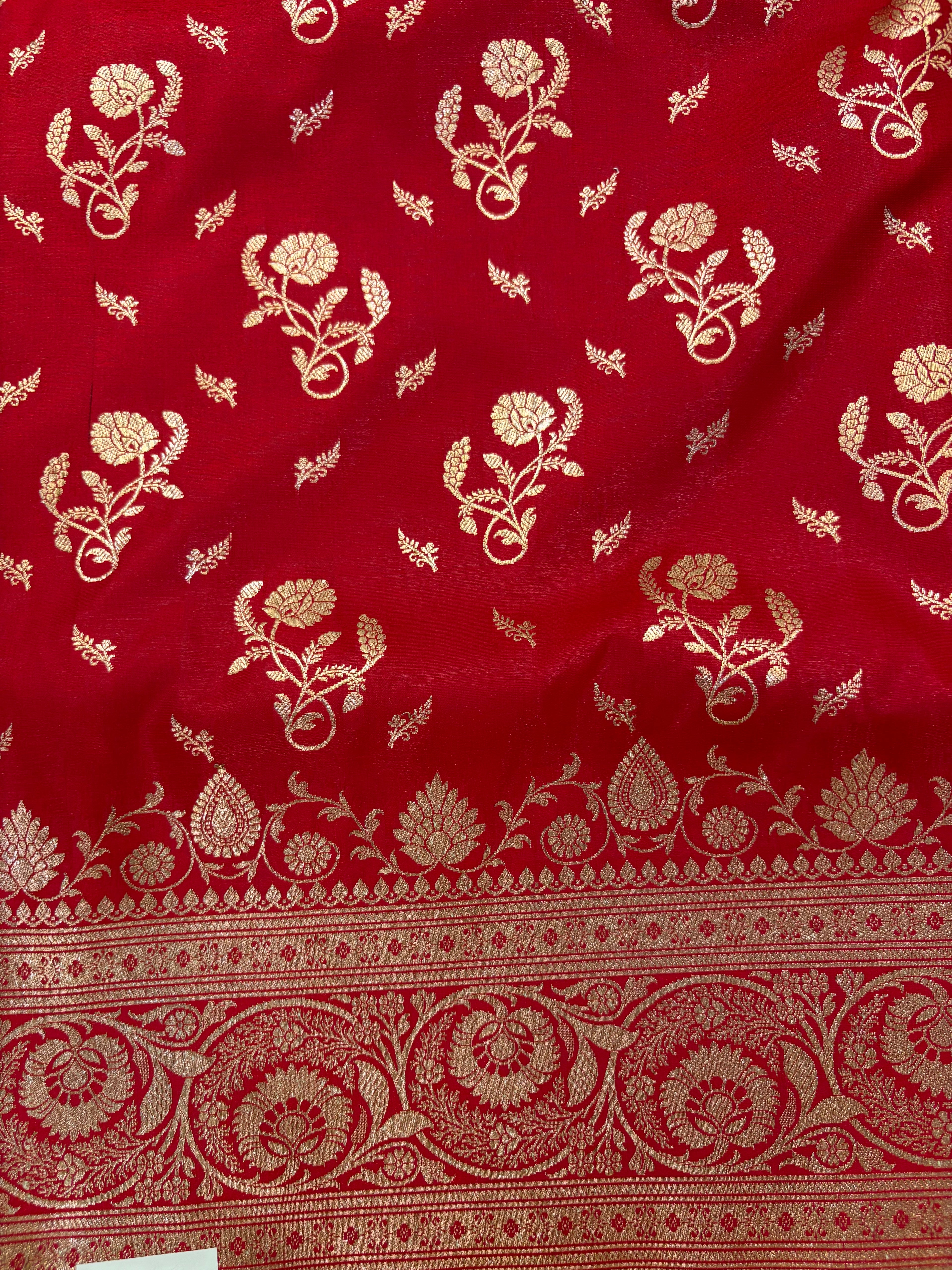 Crimson Red Banarasi Soft Silk Saree with Traditional Gold Zari Floral Motifs