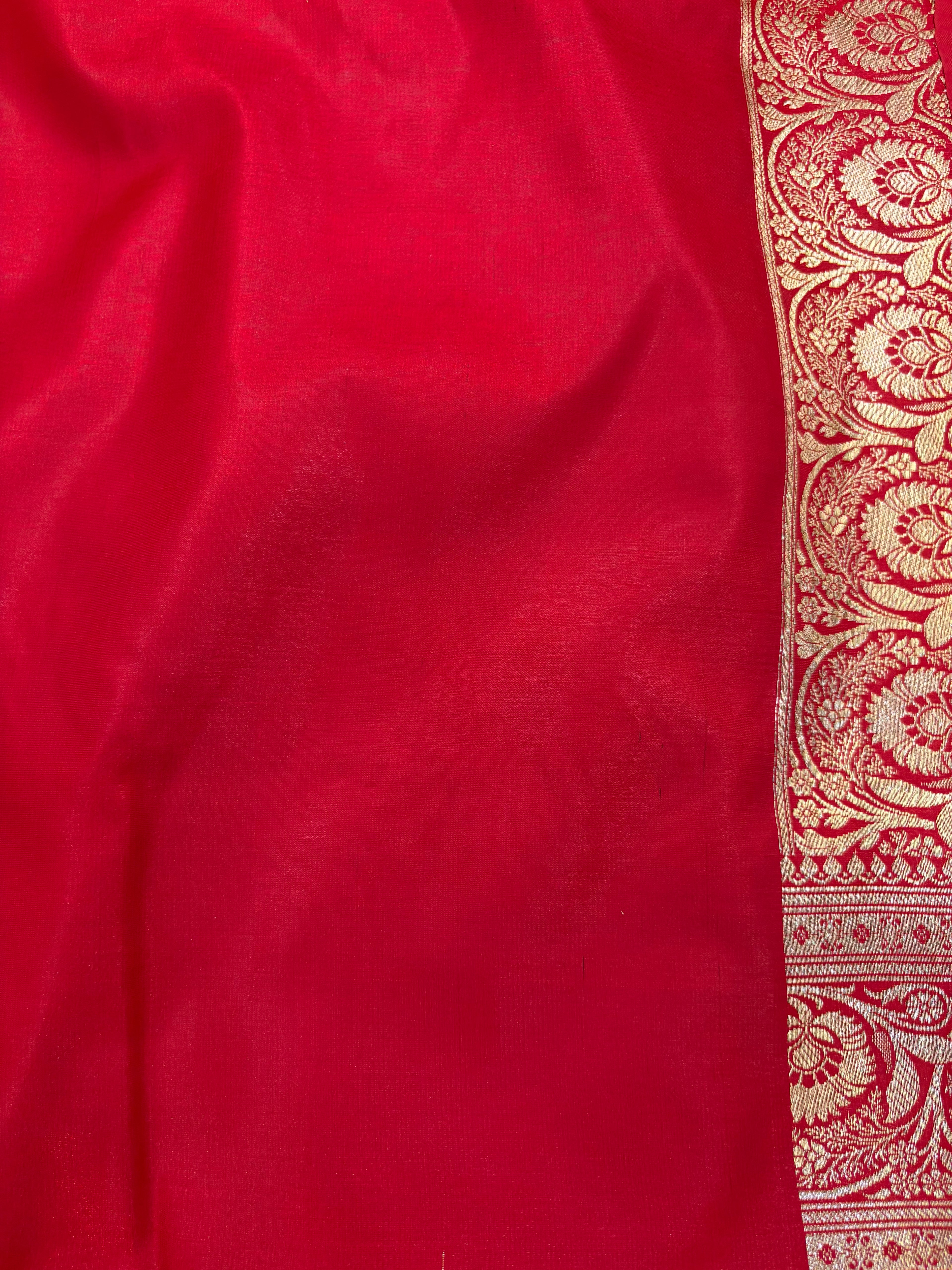 Crimson Red Banarasi Soft Silk Saree with Traditional Gold Zari Floral Motifs