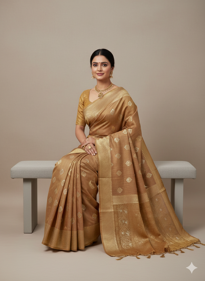 Champagne Gold Tussar Silk Saree with Antique Zari Weaving & Intricate Paisley Pallu